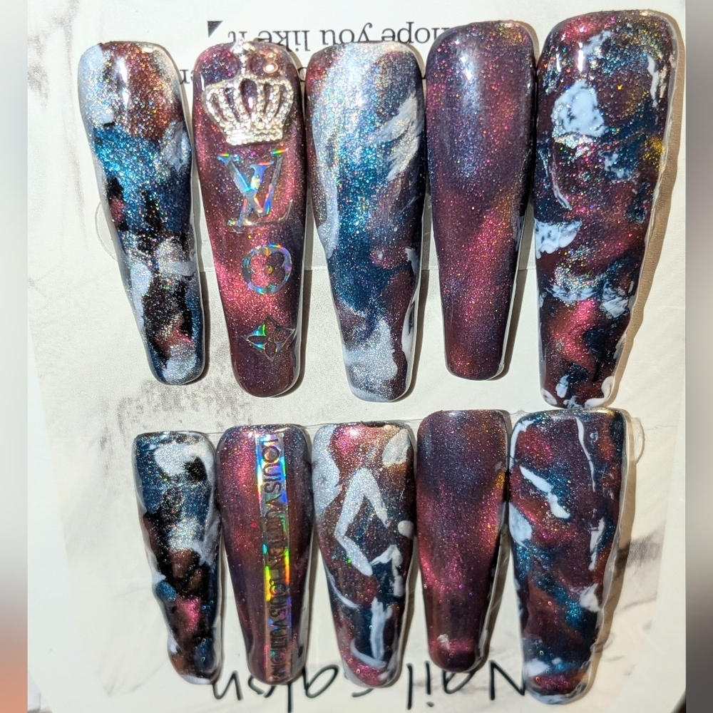 Hand crafted Galaxy-Themed Press-On Nails Sz Large